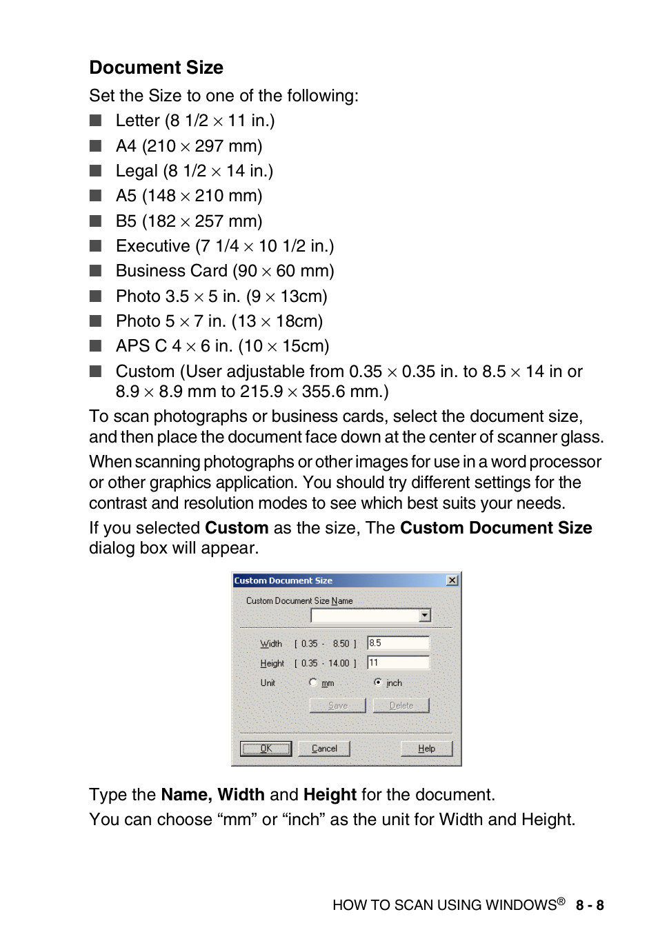 Document size, Document size -8 | Brother DCP-8020 User Manual | Page 125 / 282