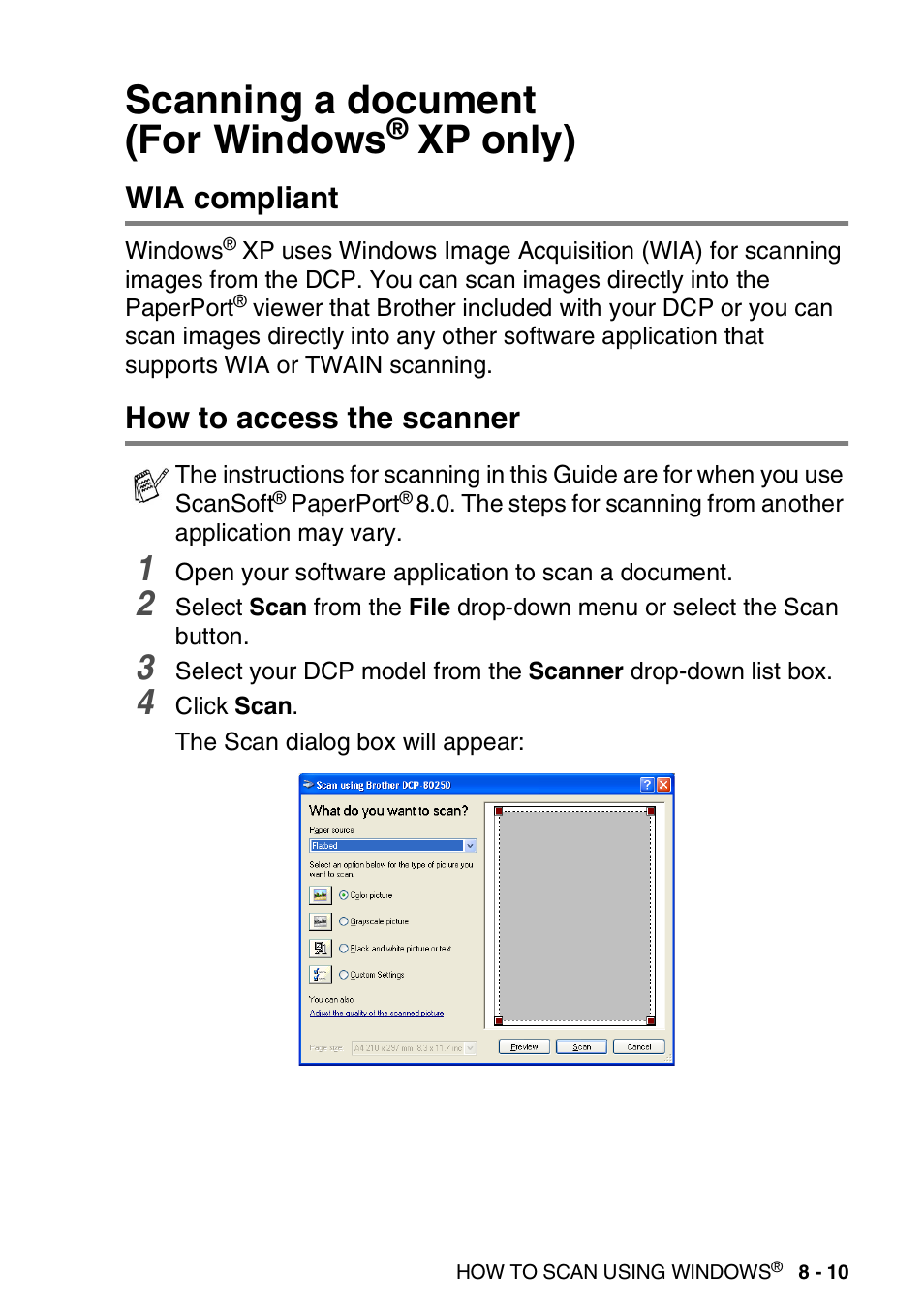 Scanning a document (for windows® xp only), Wia compliant, How to access the scanner | Scanning a document (for windows, Xp only) -10, Wia compliant -10 how to access the scanner -10, See scanning a document (for windows, Xp only) | Brother DCP-8020 User Manual | Page 127 / 282