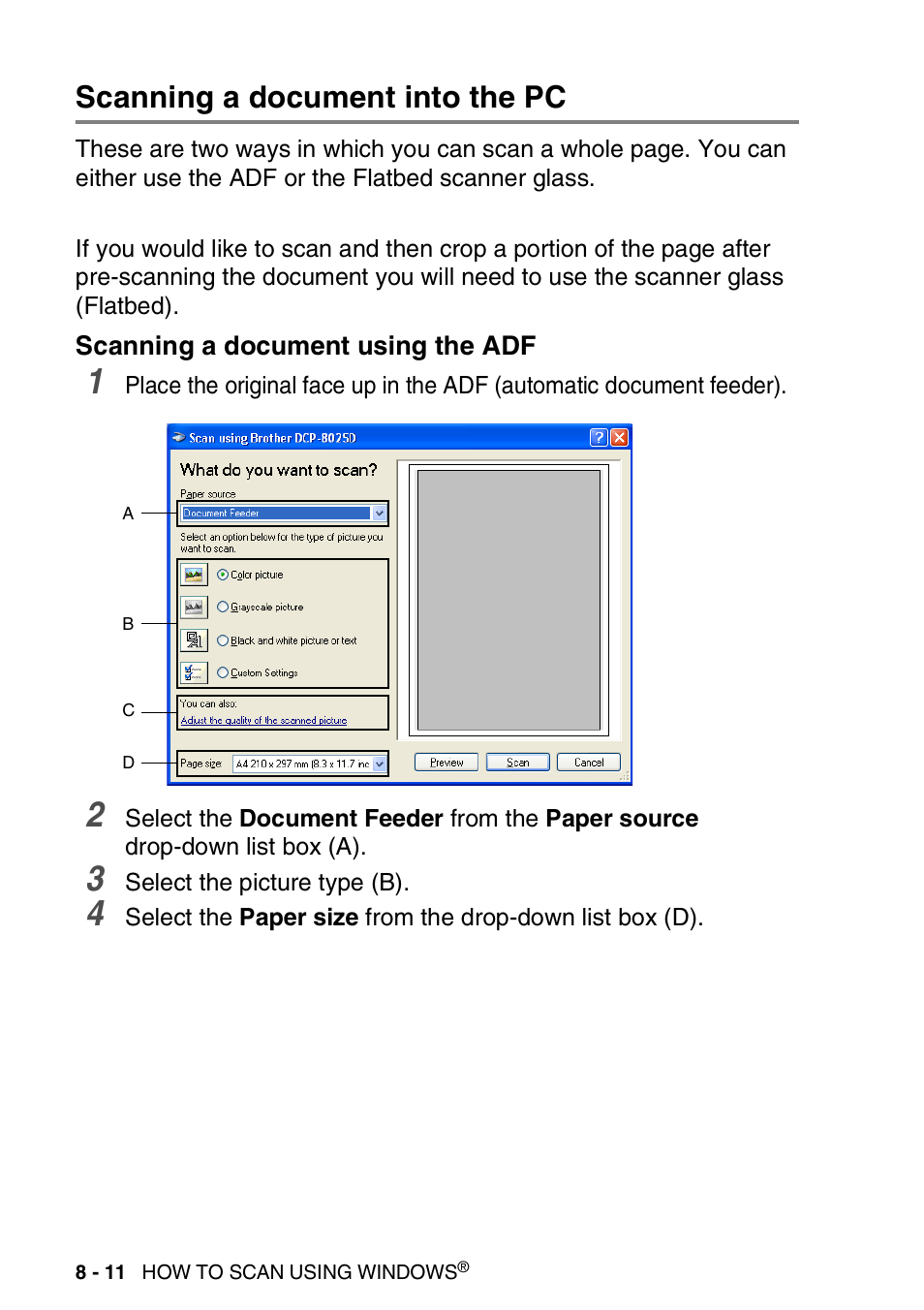 Scanning a document into the pc, Scanning a document using the adf, Scanning a document into the pc -11 | Scanning a document using the adf -11 | Brother DCP-8020 User Manual | Page 128 / 282