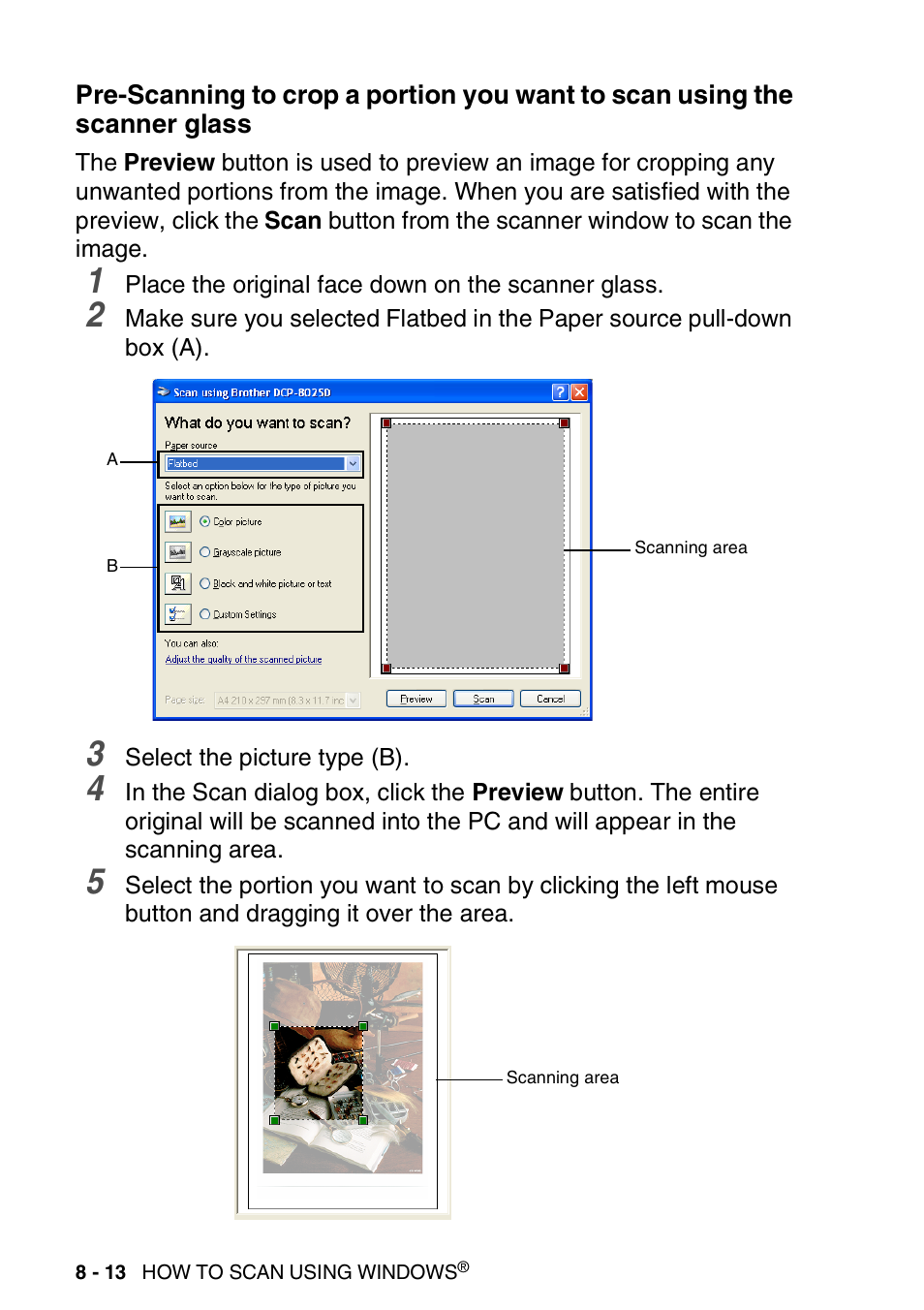 Pre-scanning to crop a portion you want to, Scan using the scanner glass -13 | Brother DCP-8020 User Manual | Page 130 / 282