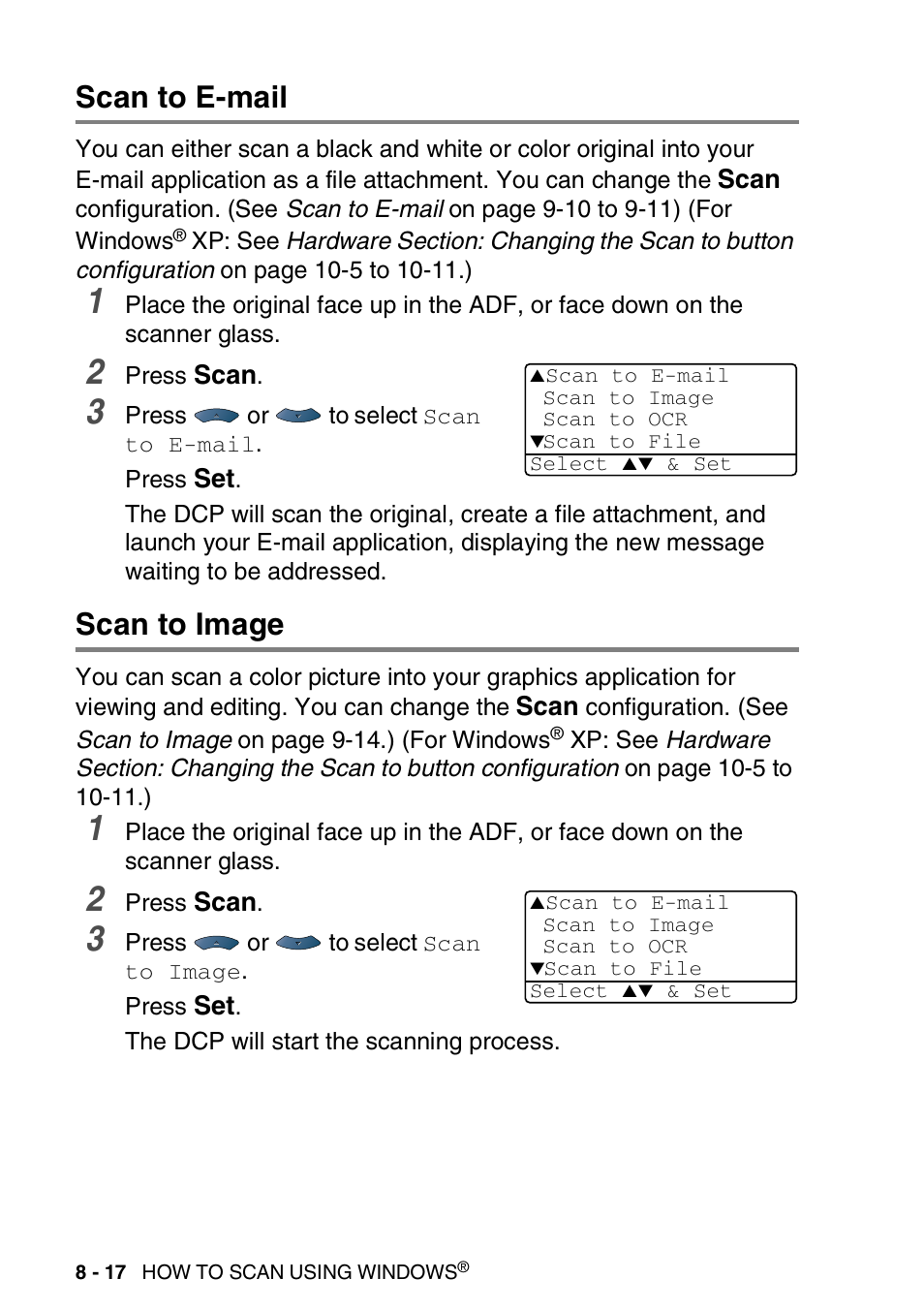 Scan to e-mail, Scan to image, Scan to e-mail -17 scan to image -17 | Brother DCP-8020 User Manual | Page 134 / 282