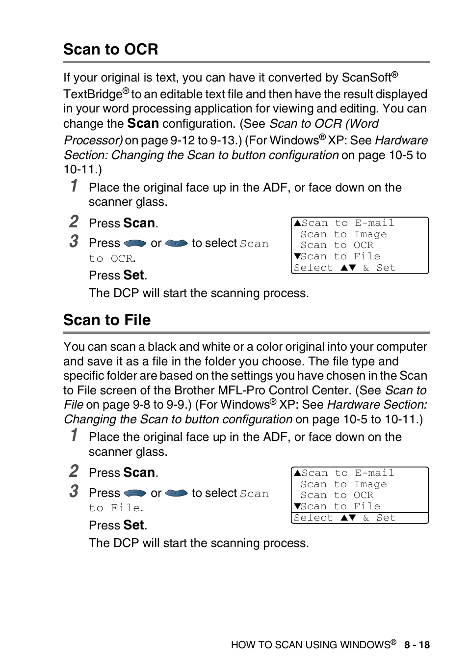 Scan to ocr, Scan to file, Scan to ocr -18 scan to file -18 | Brother DCP-8020 User Manual | Page 135 / 282