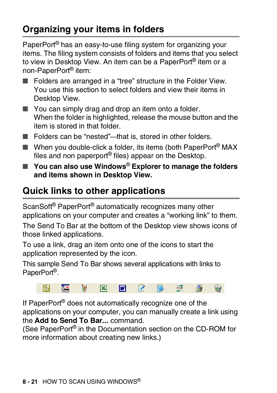 Organizing your items in folders, Quick links to other applications | Brother DCP-8020 User Manual | Page 138 / 282