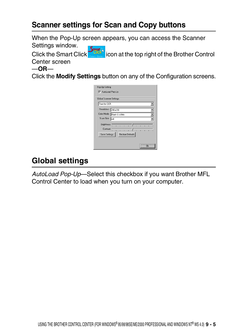 Scanner settings for scan and copy buttons, Global settings | Brother DCP-8020 User Manual | Page 145 / 282