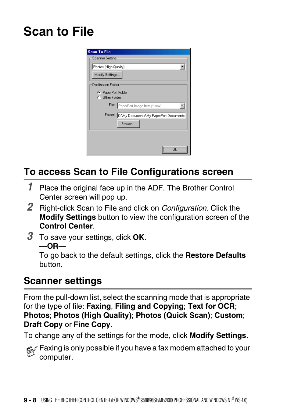 Scan to file, To access scan to file configurations screen, Scanner settings | Scan to file -8 | Brother DCP-8020 User Manual | Page 148 / 282