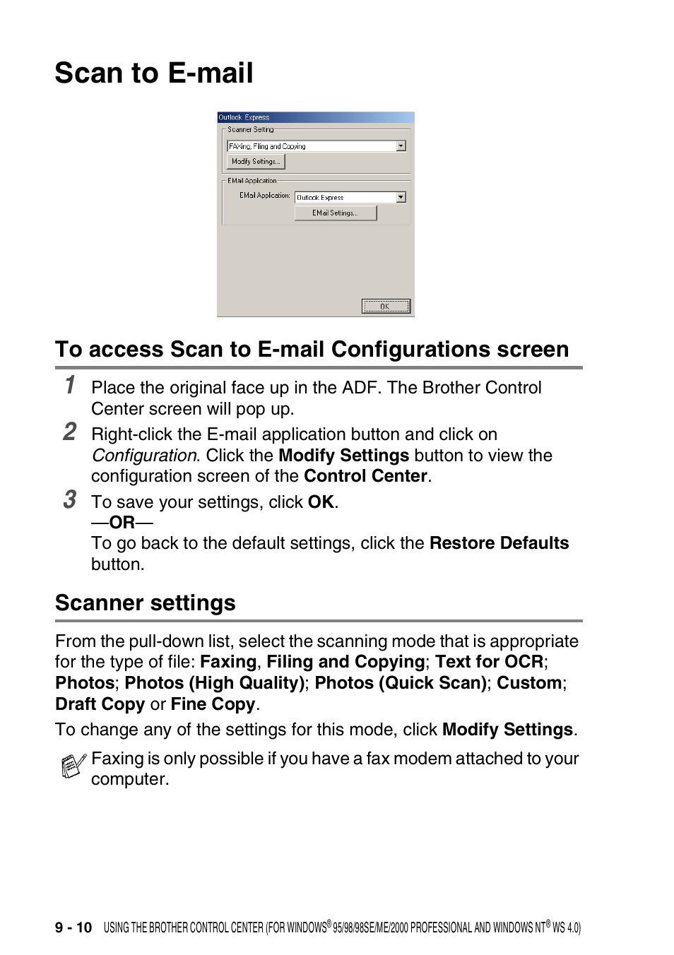 Scan to e-mail, To access scan to e-mail configurations screen, Scanner settings | Scan to e-mail -10 | Brother DCP-8020 User Manual | Page 150 / 282