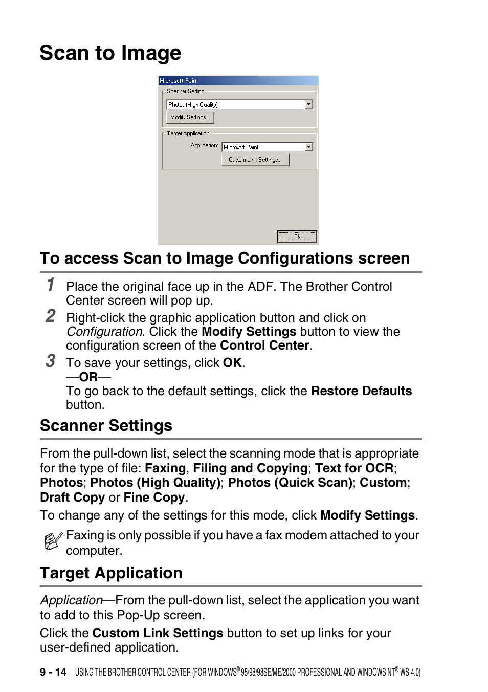 Scan to image, To access scan to image configurations screen, Scanner settings | Target application, Scan to image -14 | Brother DCP-8020 User Manual | Page 154 / 282