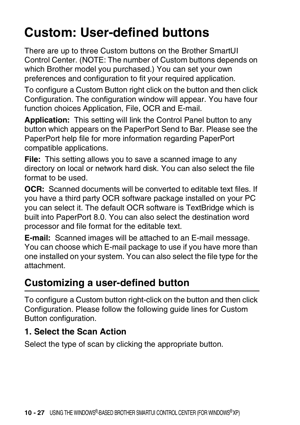 Custom: user-defined buttons, Customizing a user-defined button, Select the scan action | Custom: user-defined buttons -27, Customizing a user-defined button -27, Select the scan action -27 | Brother DCP-8020 User Manual | Page 182 / 282