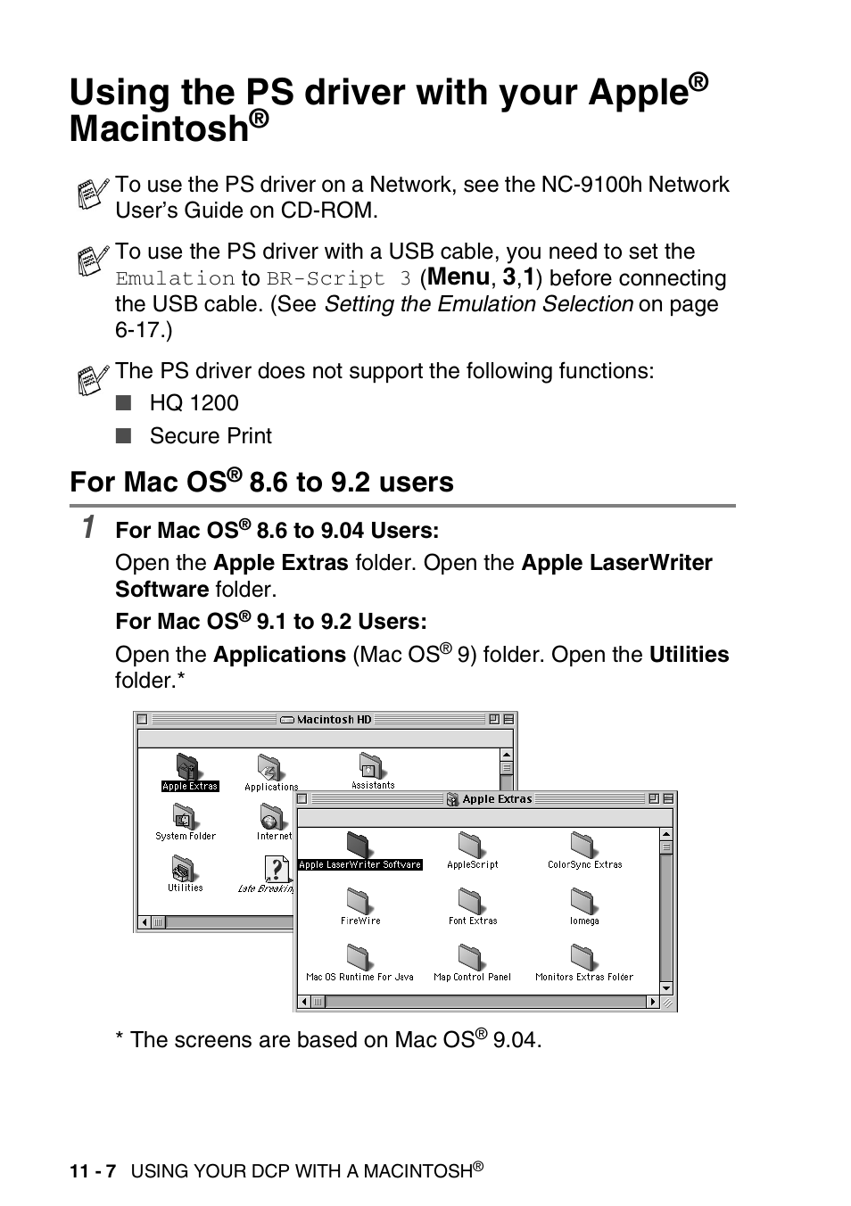 Using the ps driver with your apple® macintosh, For mac os® 8.6 to 9.2 users, Using the ps driver with your apple | Macintosh, For mac os, 6 to 9.2 users -7, 6 to 9.2 users | Brother DCP-8020 User Manual | Page 194 / 282
