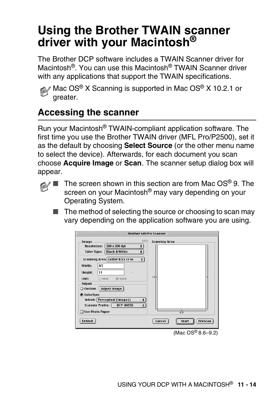 Accessing the scanner, Using the brother twain scanner driver with your, Macintosh | Accessing the scanner -14 | Brother DCP-8020 User Manual | Page 201 / 282