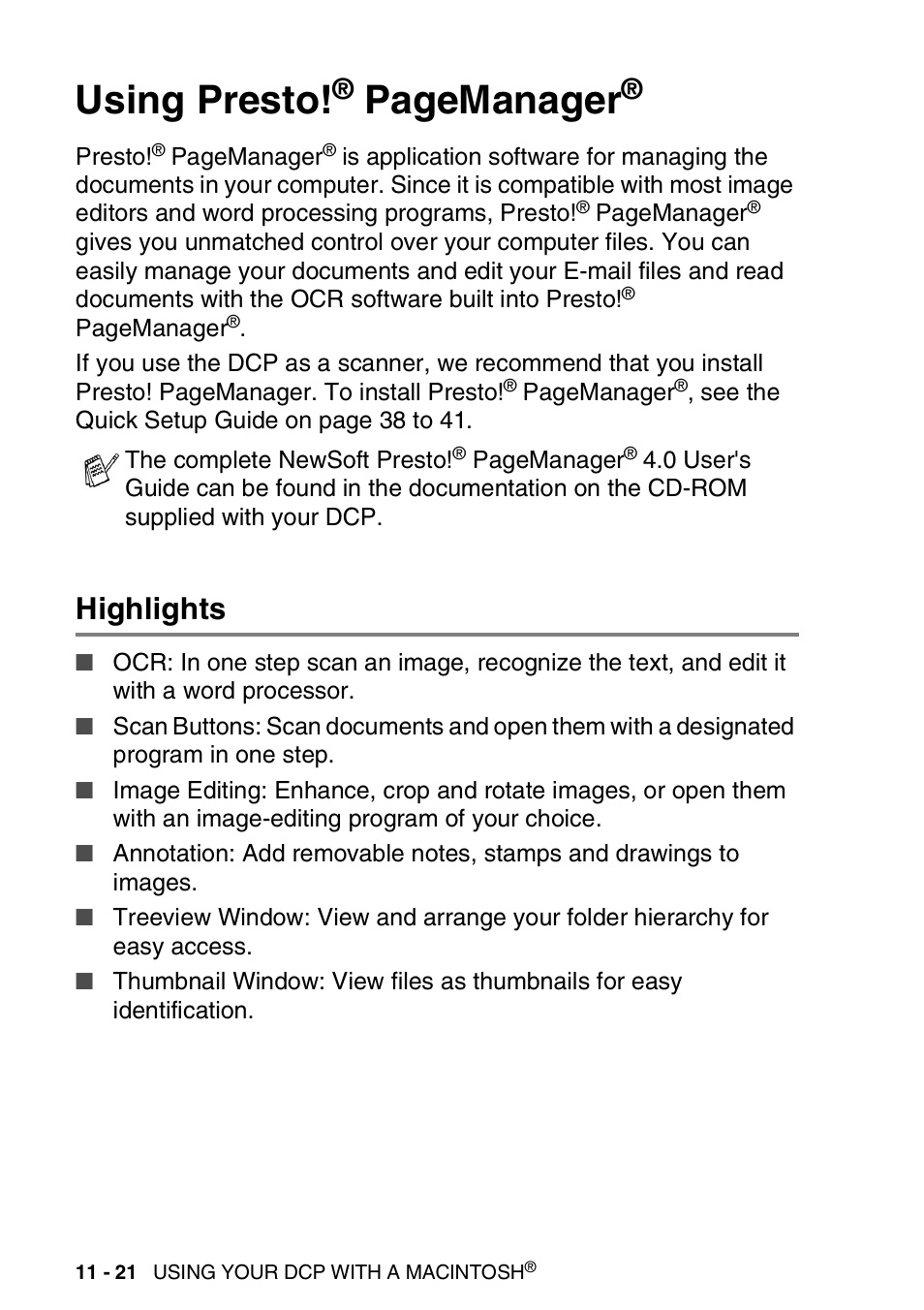 Highlights, Using presto, Highlights -21 | Pagemanager | Brother DCP-8020 User Manual | Page 208 / 282