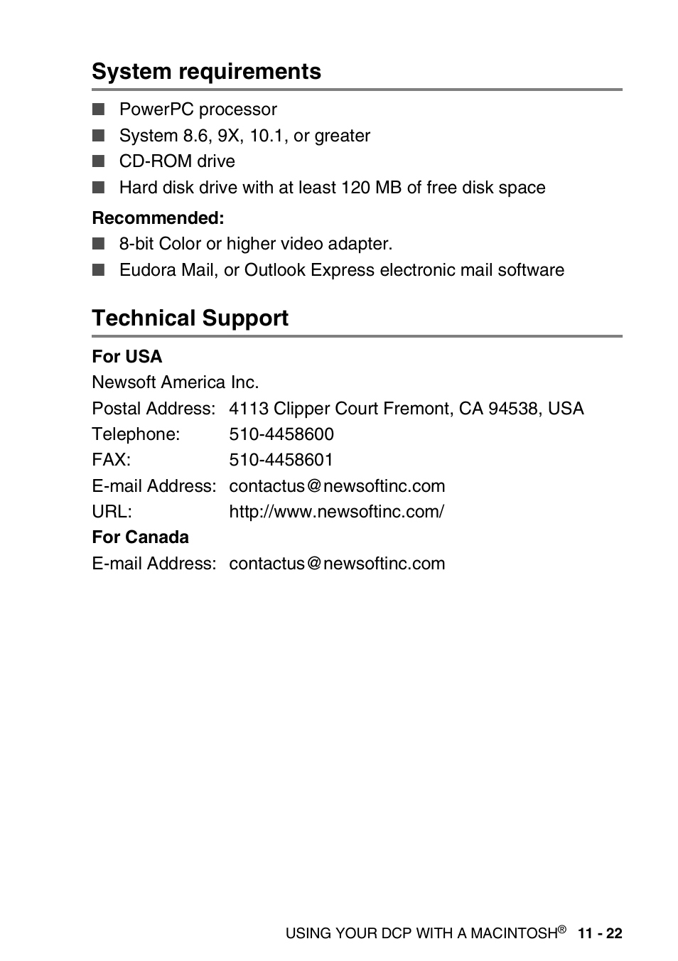 System requirements, Technical support, System requirements -22 technical support -22 | Brother DCP-8020 User Manual | Page 209 / 282