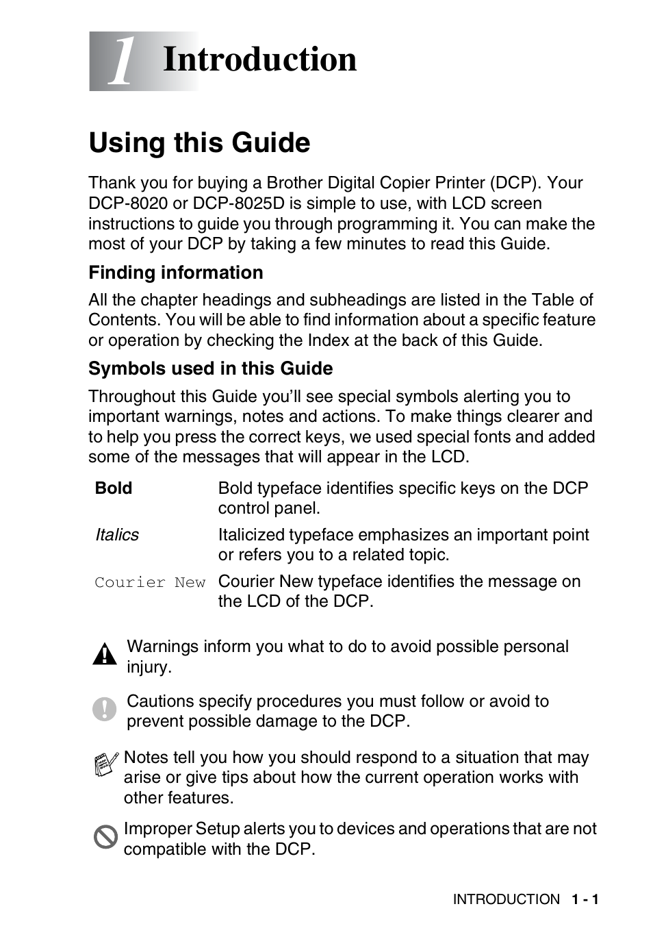 1 introduction, Using this guide, Finding information | Symbols used in this guide, Introduction -1, Using this guide -1, Introduction | Brother DCP-8020 User Manual | Page 21 / 282