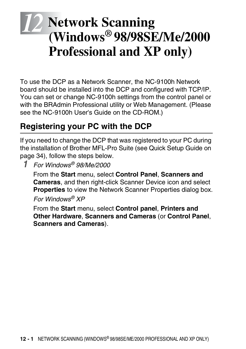 Registering your pc with the dcp, Network scanning (windows, 98/98se/me/2000 professional and | Xp only) -1, Registering your pc with the dcp -1 | Brother DCP-8020 User Manual | Page 210 / 282