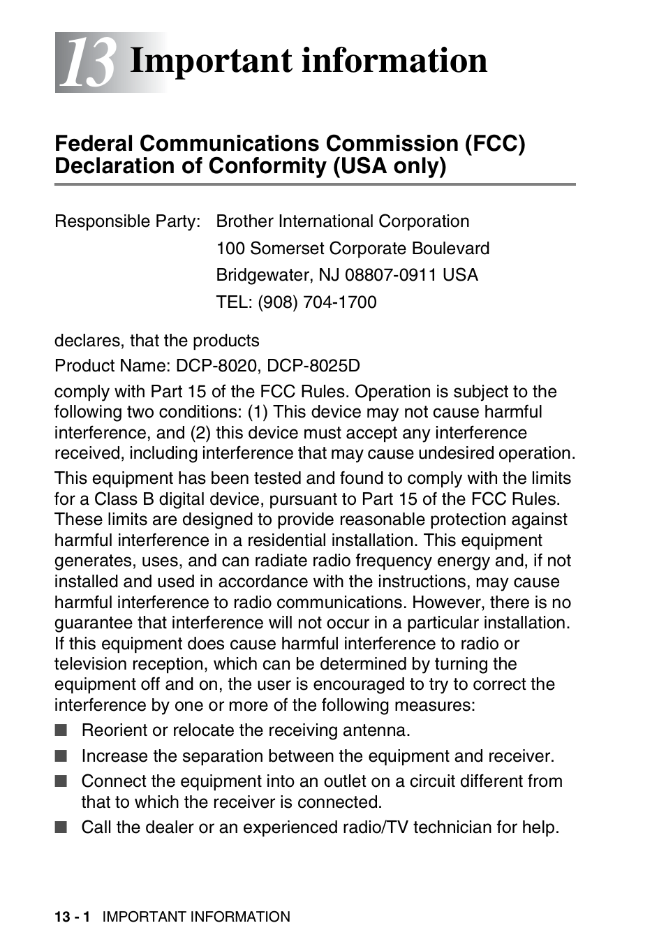 13 important information, Important information -1, Federal communications commission (fcc) | Declaration of conformity (usa only) -1, Important information | Brother DCP-8020 User Manual | Page 218 / 282