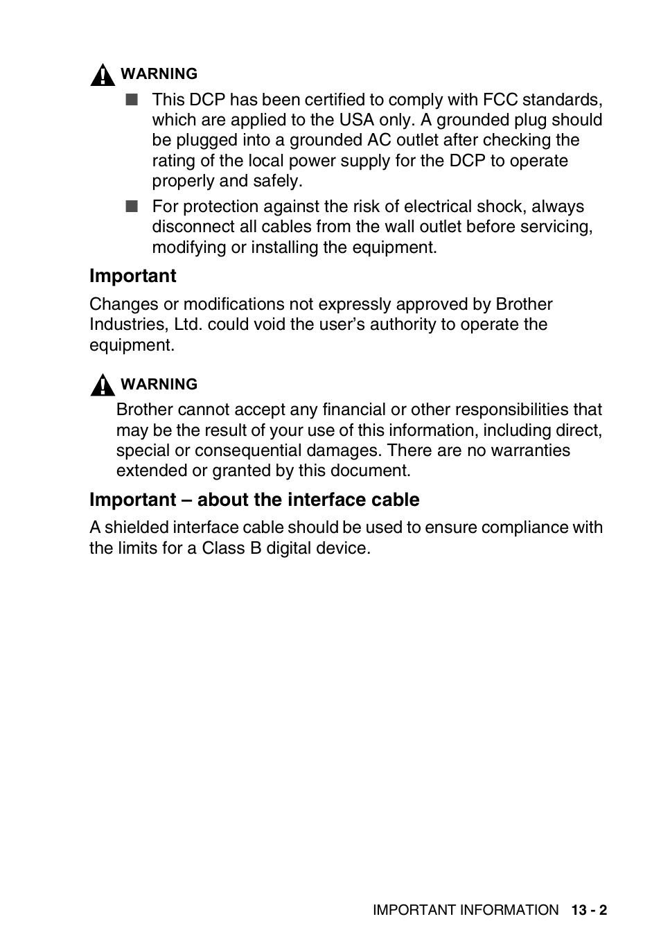Important, Important – about the interface cable | Brother DCP-8020 User Manual | Page 219 / 282