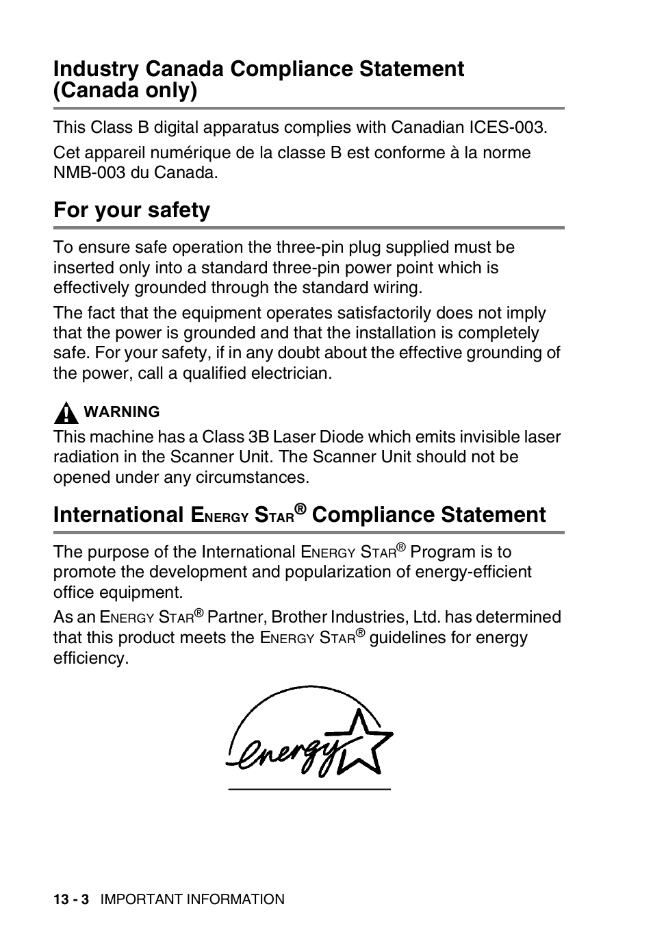 Industry canada compliance statement (canada only), For your safety, International energy star® compliance statement | Industry canada compliance statement, Canada only) -3, For your safety -3 international e, Nergy, Compliance, Statement -3, International e | Brother DCP-8020 User Manual | Page 220 / 282