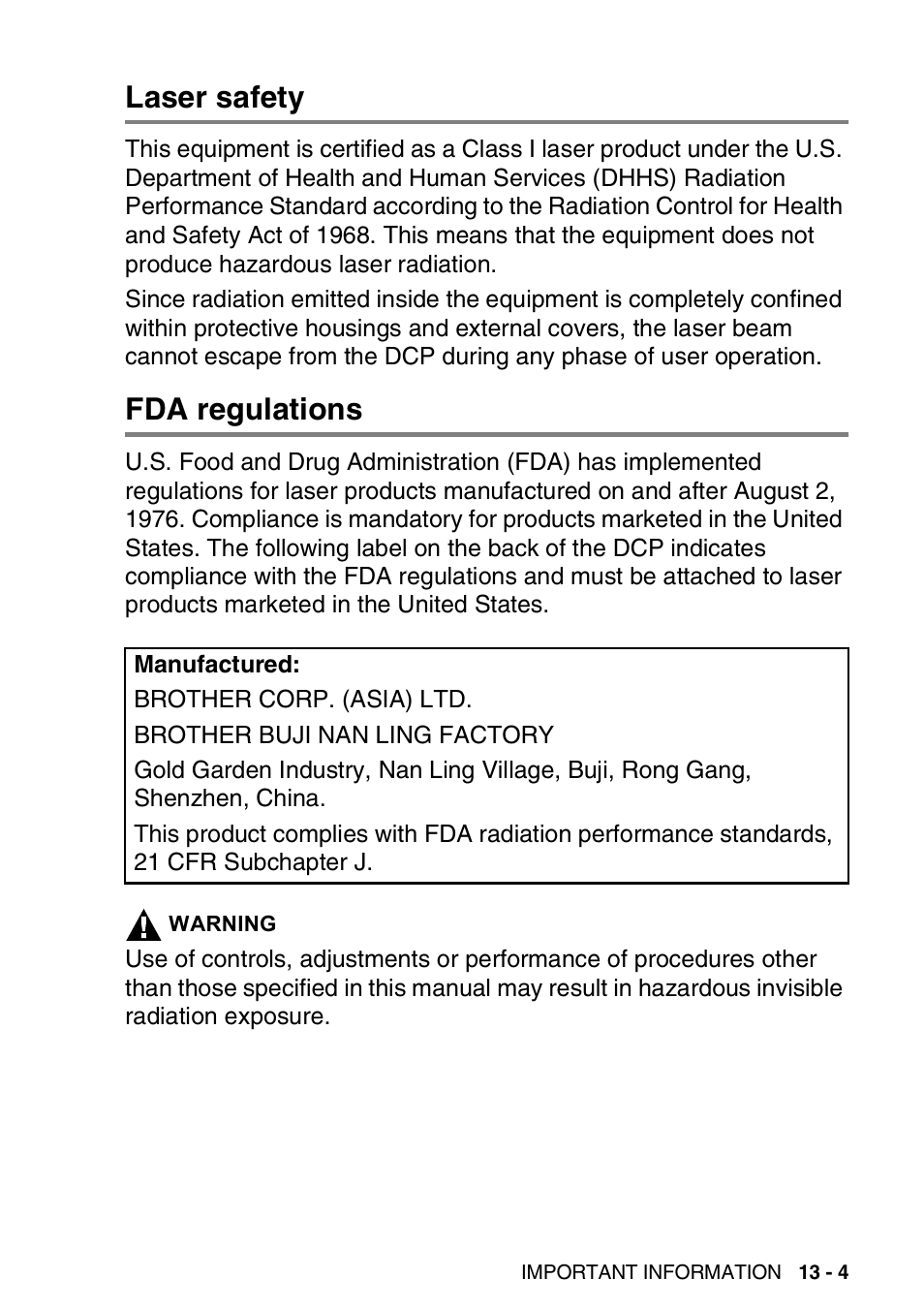 Laser safety, Fda regulations, Laser safety -4 fda regulations -4 | Brother DCP-8020 User Manual | Page 221 / 282