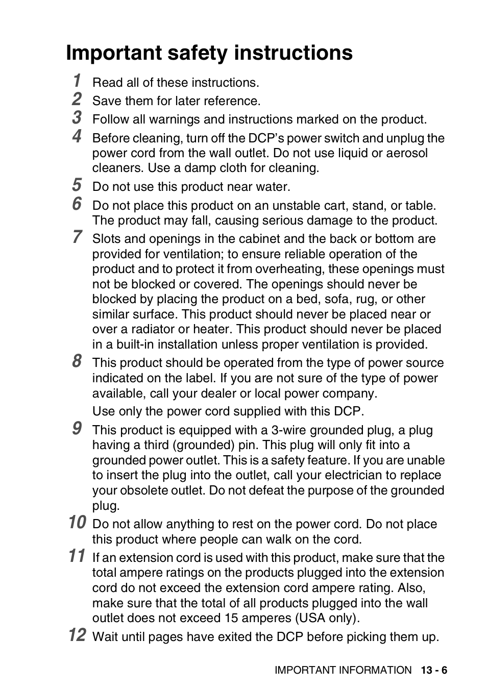 Important safety instructions, Important safety instructions -6 | Brother DCP-8020 User Manual | Page 223 / 282