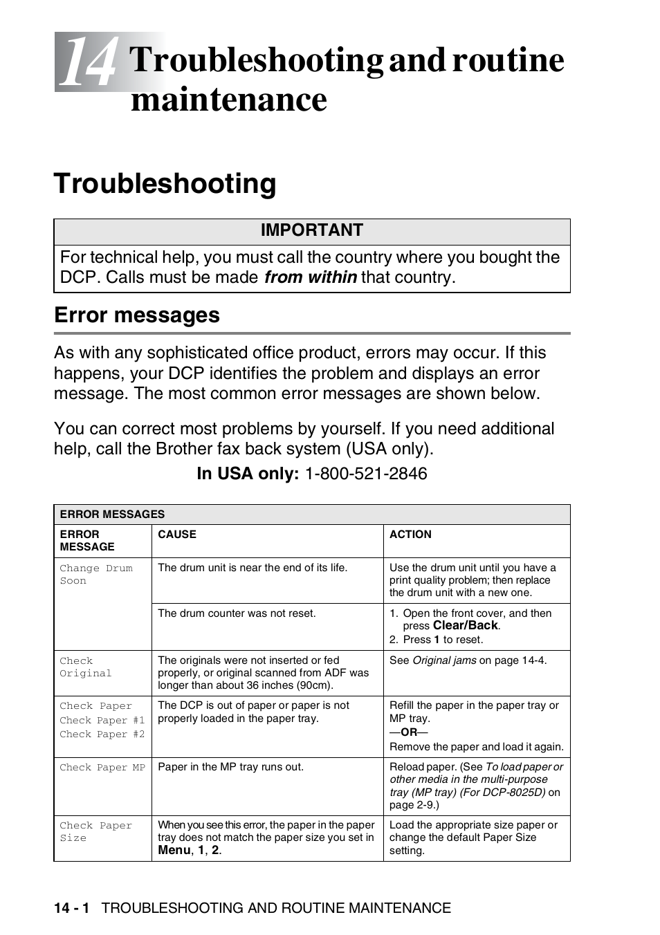 14 troubleshooting and routine maintenance, Troubleshooting, Error messages | Troubleshooting and routine maintenance -1, Troubleshooting -1, Error messages -1, Troubleshooting and routine maintenance | Brother DCP-8020 User Manual | Page 226 / 282