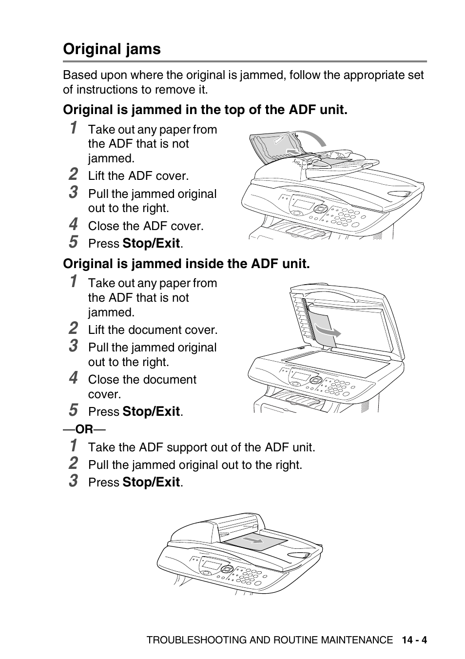 Original jams, Original is jammed in the top of the adf unit, Original is jammed inside the adf unit | Original jams -4 | Brother DCP-8020 User Manual | Page 229 / 282