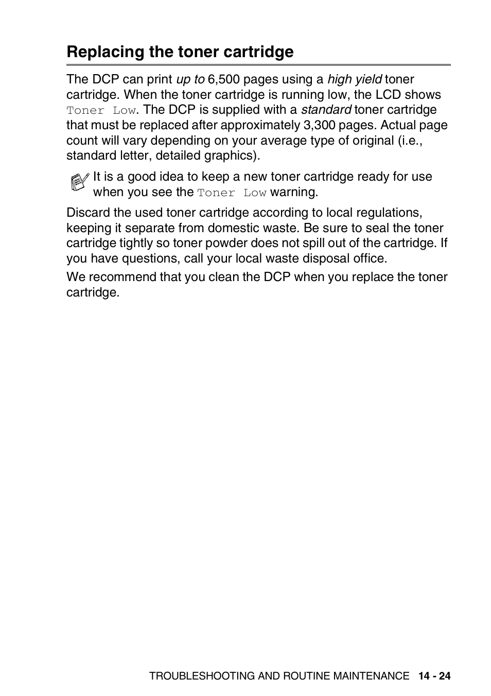 Replacing the toner cartridge, Replacing the toner cartridge -24 | Brother DCP-8020 User Manual | Page 249 / 282