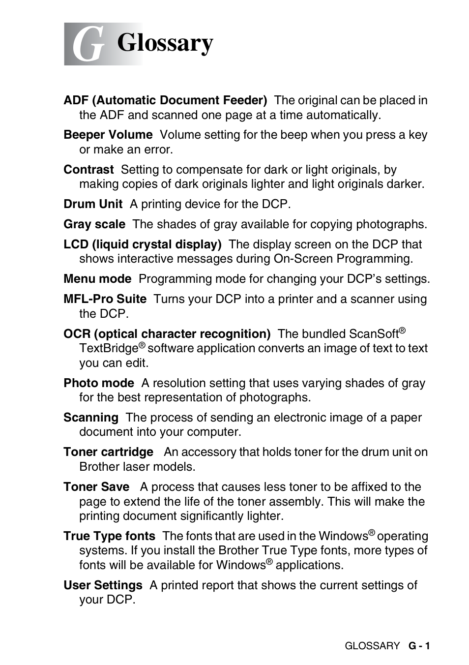 Glossary | Brother DCP-8020 User Manual | Page 271 / 282