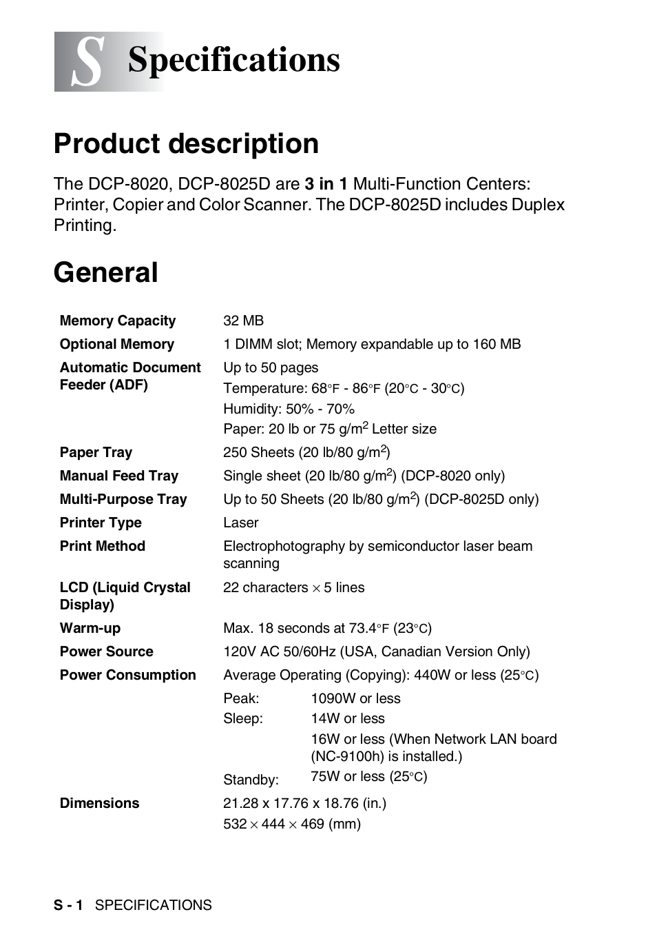 Specifications, Product description, General | Brother DCP-8020 User Manual | Page 272 / 282