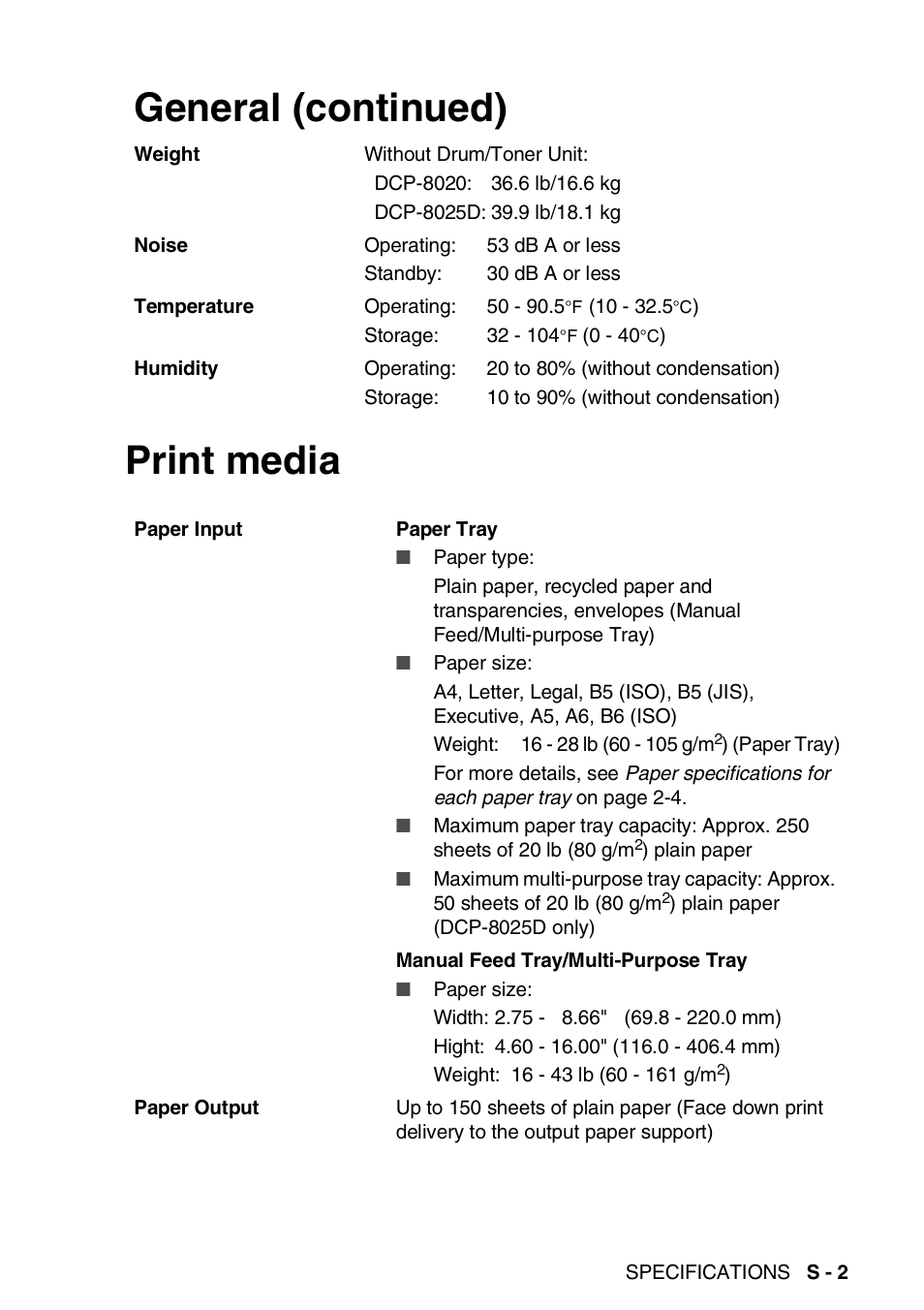 Print media, Print media general (continued) | Brother DCP-8020 User Manual | Page 273 / 282
