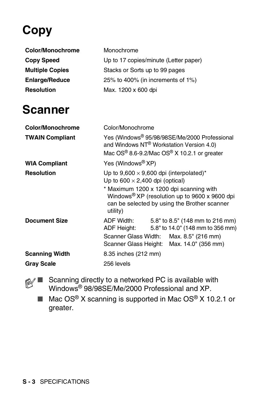Copy, Scanner, Copy scanner | Mac os, X scanning is supported in mac os, X 10.2.1 or greater | Brother DCP-8020 User Manual | Page 274 / 282