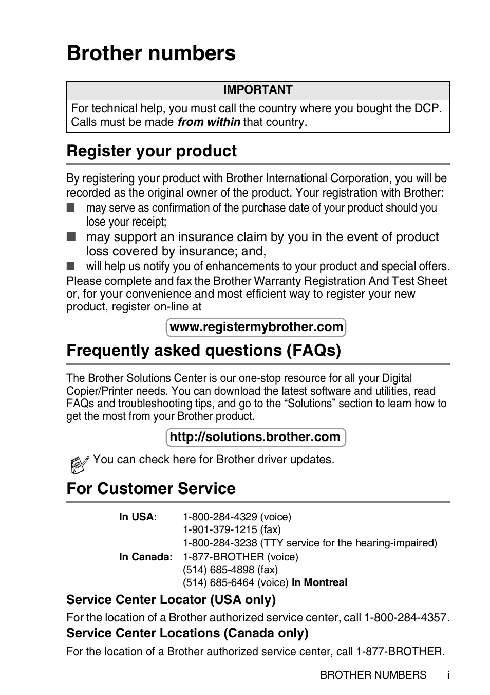 Brother numbers, Register your product, Frequently asked questions (faqs) | For customer service | Brother DCP-8020 User Manual | Page 3 / 282