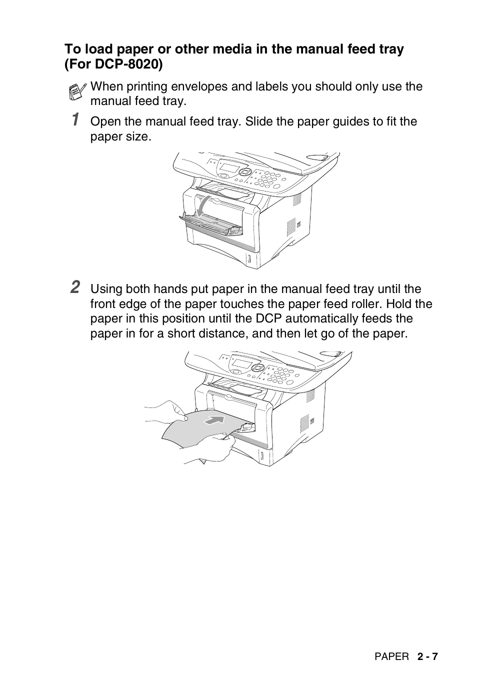 To load paper or other media in the manual feed, Tray (for dcp-8020) -7 | Brother DCP-8020 User Manual | Page 39 / 282