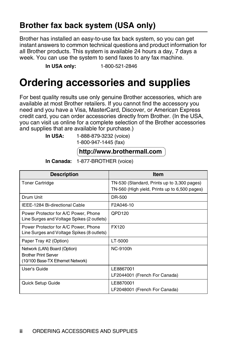 Brother fax back system (usa only), Ordering accessories and supplies | Brother DCP-8020 User Manual | Page 4 / 282