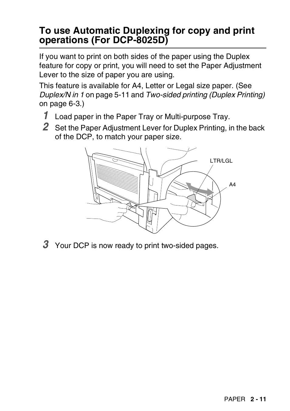 To use automatic duplexing for copy and, Print operations (for dcp-8025d) -11 | Brother DCP-8020 User Manual | Page 43 / 282