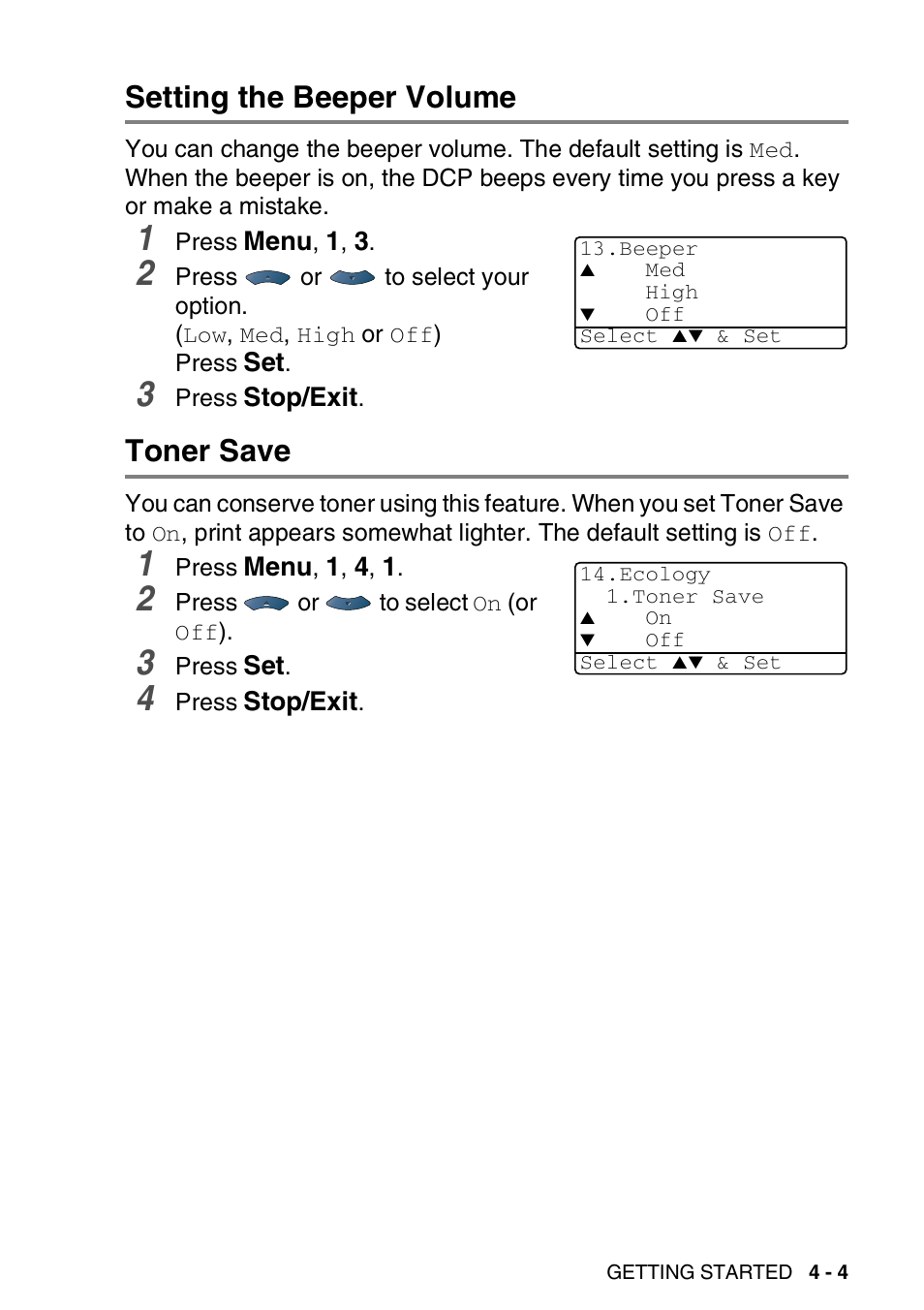 Setting the beeper volume, Toner save, Setting the beeper volume -4 toner save -4 | Brother DCP-8020 User Manual | Page 57 / 282