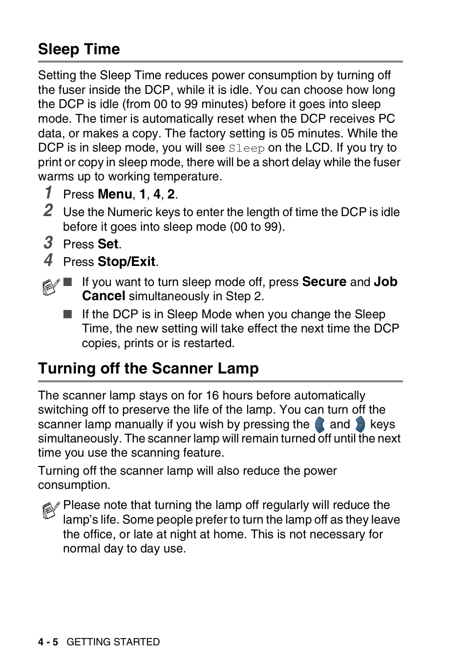 Sleep time, Turning off the scanner lamp, Sleep time -5 | Turning off the scanner lamp -5 | Brother DCP-8020 User Manual | Page 58 / 282