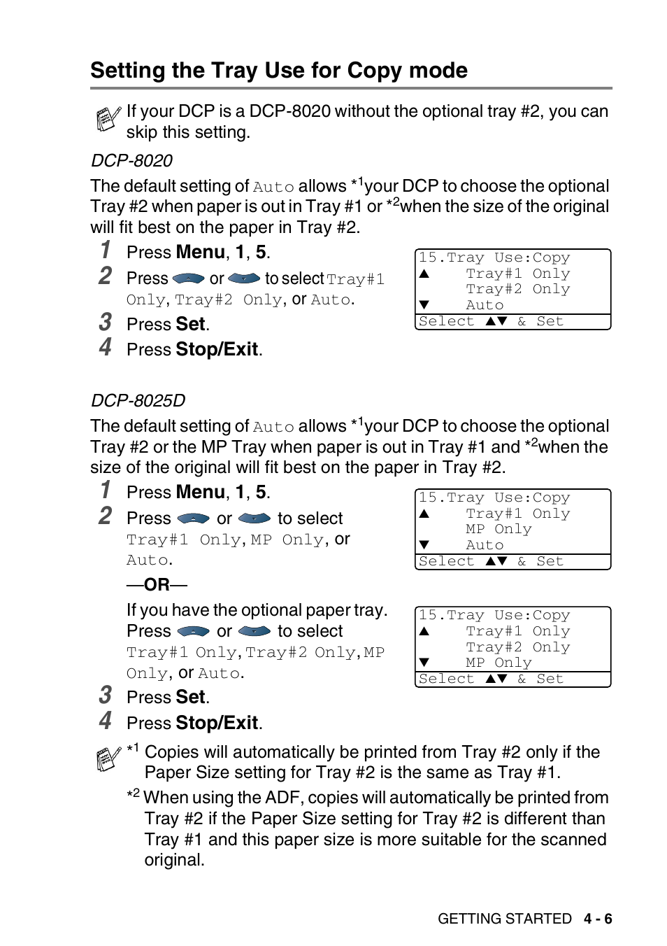 Setting the tray use for copy mode, Setting the tray use for copy mode -6 | Brother DCP-8020 User Manual | Page 59 / 282