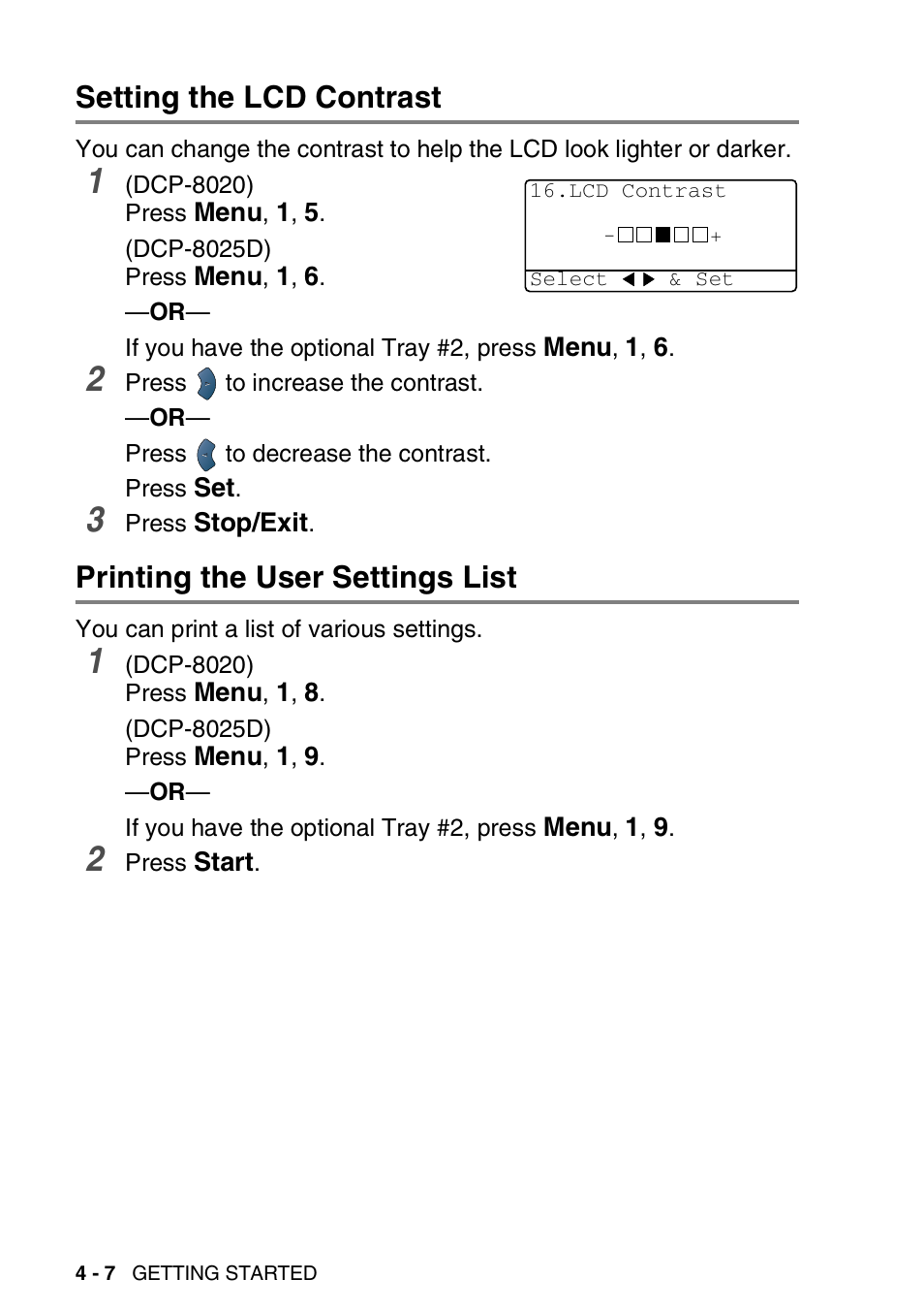 Setting the lcd contrast, Printing the user settings list | Brother DCP-8020 User Manual | Page 60 / 282