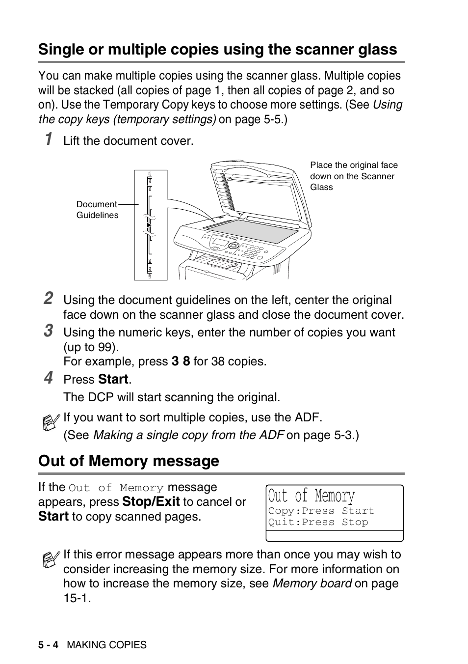 Single or multiple copies using the scanner glass, Out of memory message | Brother DCP-8020 User Manual | Page 64 / 282