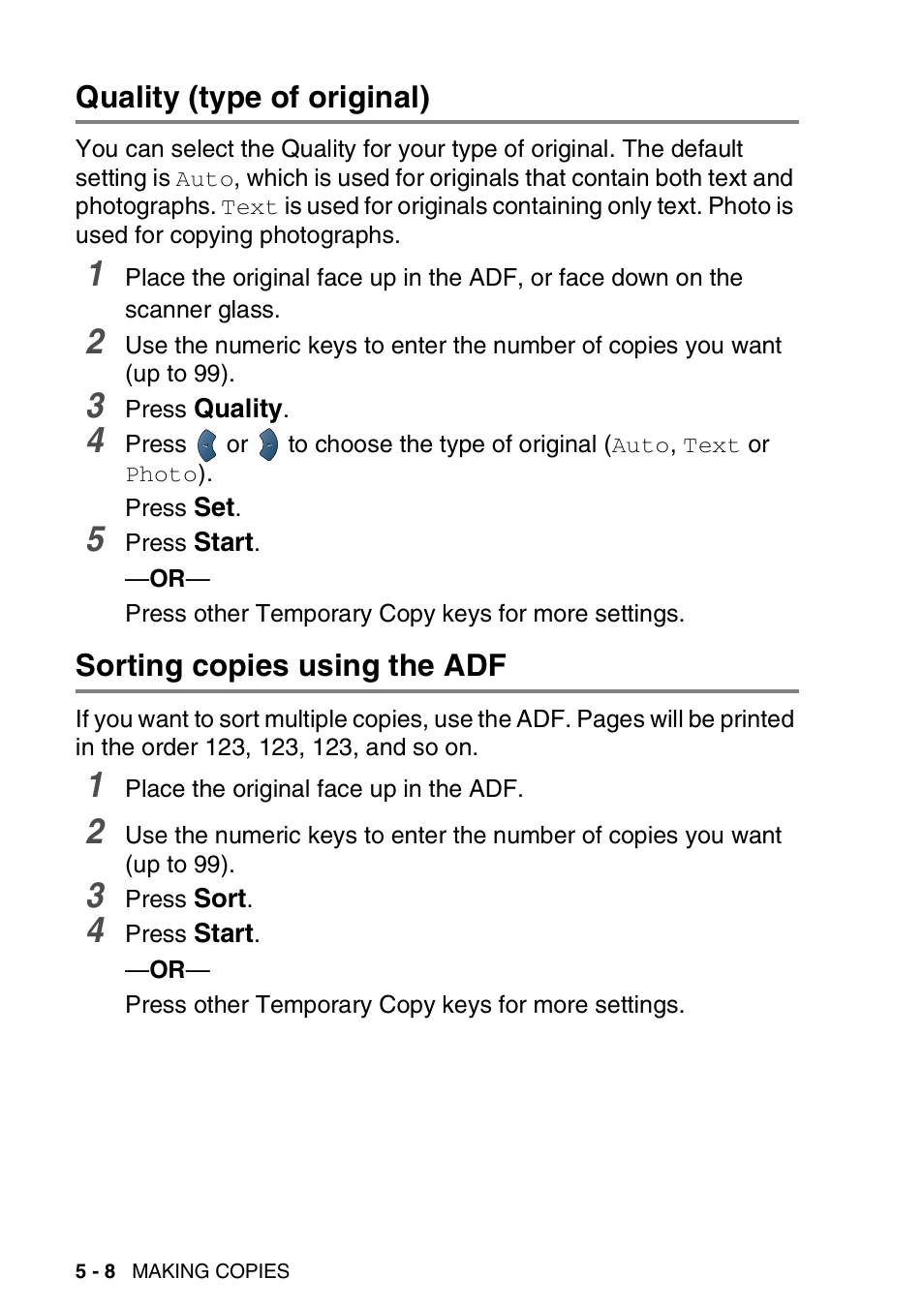 Quality (type of original), Sorting copies using the adf | Brother DCP-8020 User Manual | Page 68 / 282