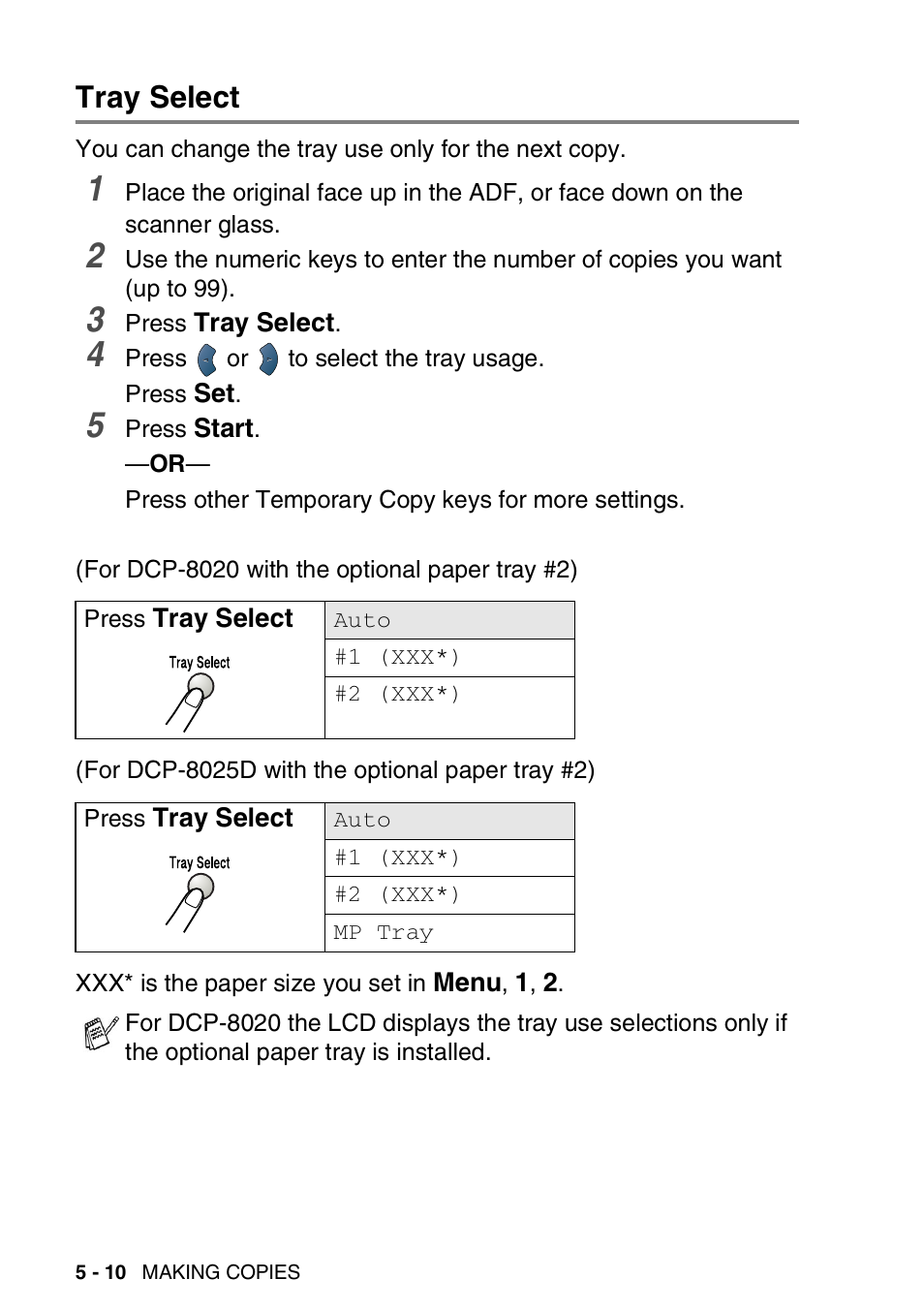 Tray select, Tray select -10 | Brother DCP-8020 User Manual | Page 70 / 282