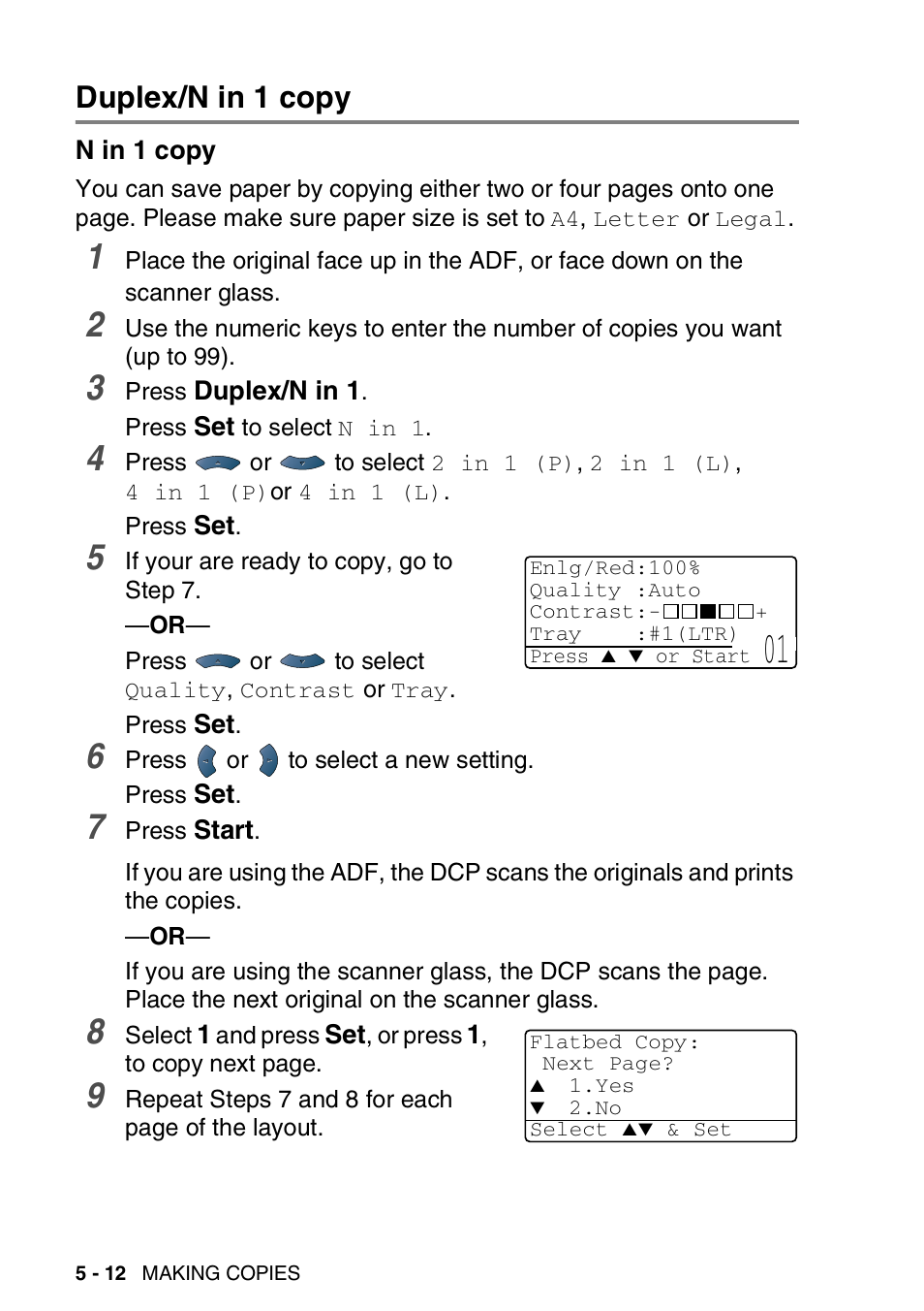Duplex/n in 1 copy, N in 1 copy, Duplex/n in 1 copy -12 | N in 1 copy -12 | Brother DCP-8020 User Manual | Page 72 / 282