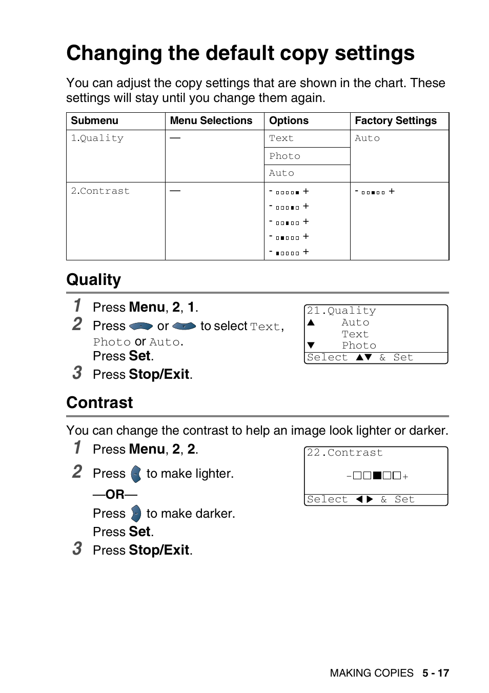 Changing the default copy settings, Quality, Contrast | Changing the default copy settings -17, Quality -17 contrast -17 | Brother DCP-8020 User Manual | Page 77 / 282