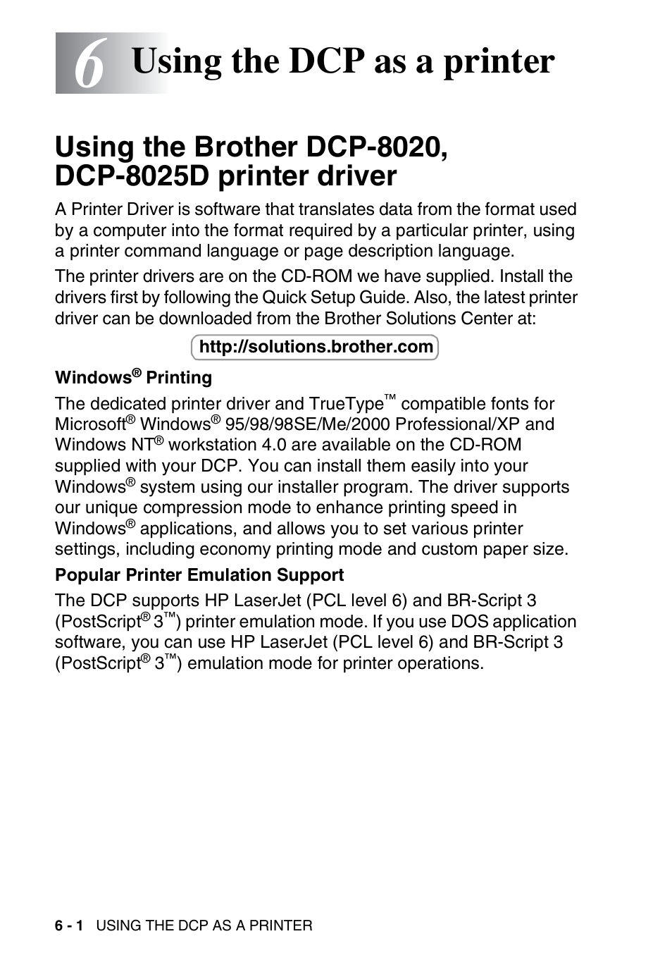 6 using the dcp as a printer, Using the dcp as a printer -1, Using the dcp as a printer | Brother DCP-8020 User Manual | Page 78 / 282