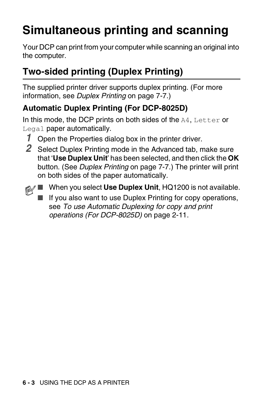 Simultaneous printing and scanning, Two-sided printing (duplex printing), Automatic duplex printing (for dcp-8025d) | Simultaneous printing and scanning -3, Two-sided printing (duplex printing) -3, Automatic duplex printing (for dcp-8025d) -3 | Brother DCP-8020 User Manual | Page 80 / 282