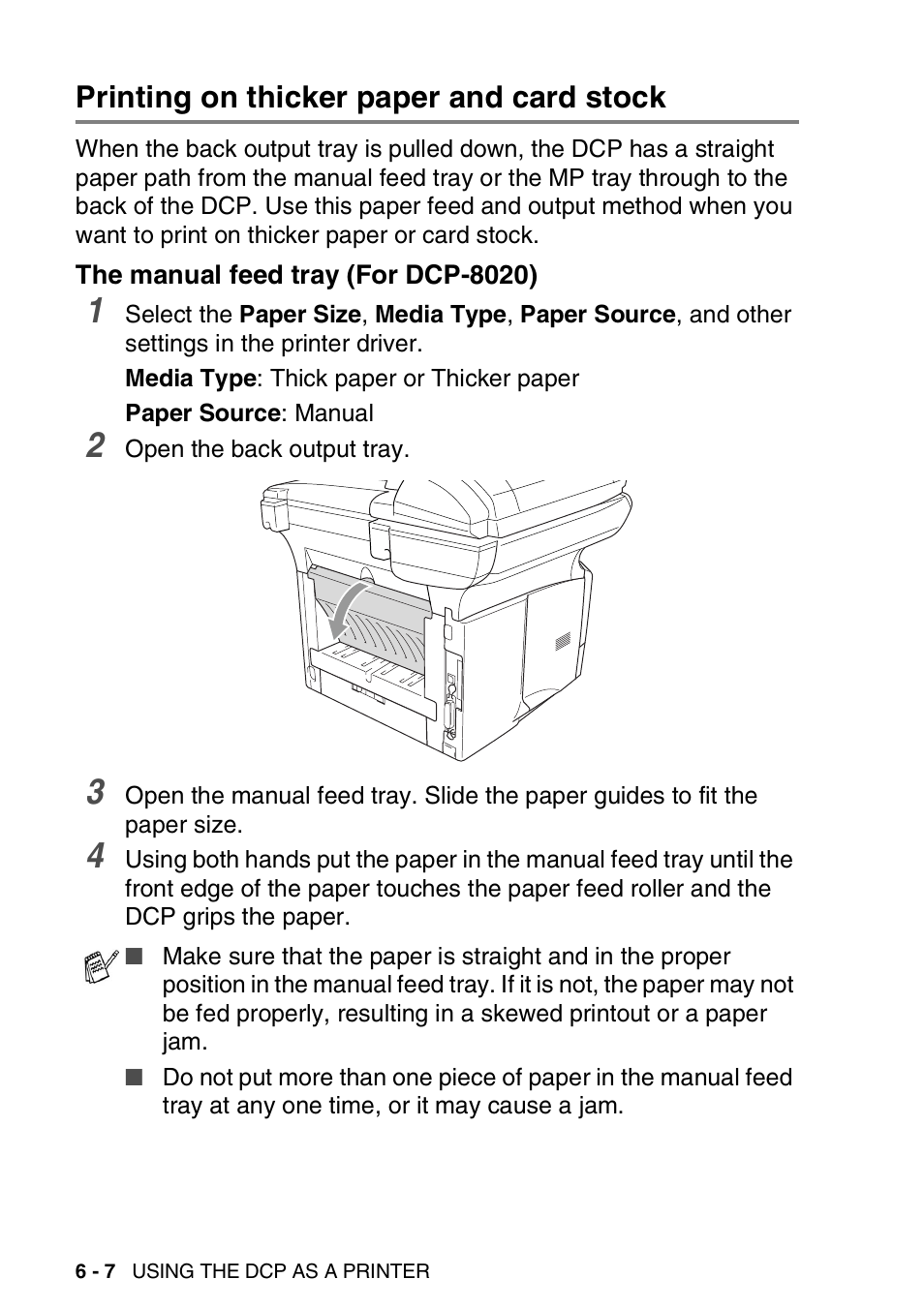 Printing on thicker paper and card stock, The manual feed tray (for dcp-8020), Printing on thicker paper and card stock -7 | The manual feed tray (for dcp-8020) -7 | Brother DCP-8020 User Manual | Page 84 / 282