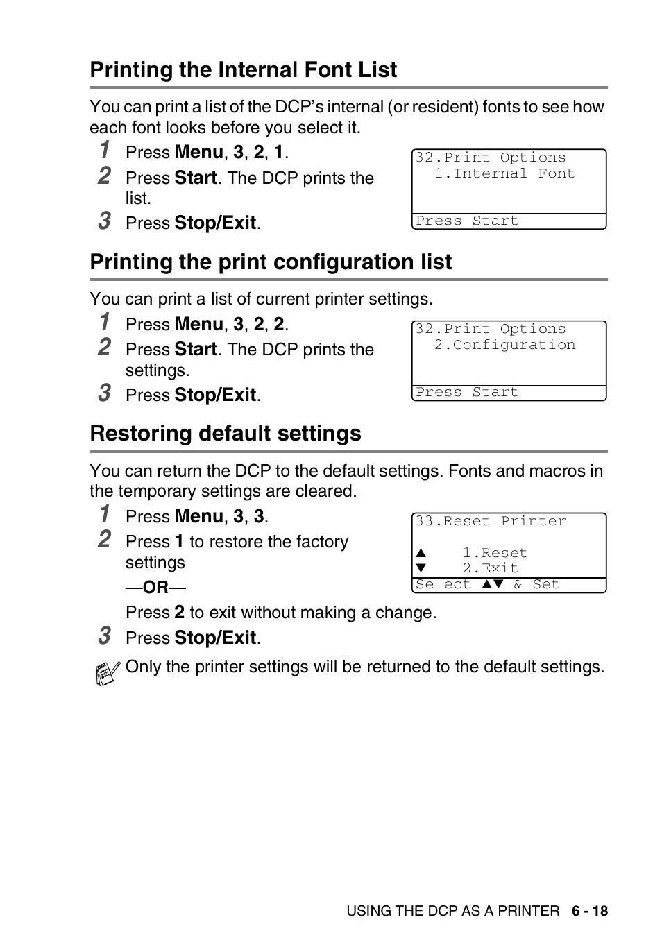 Printing the internal font list, Printing the print configuration list, Restoring default settings | Brother DCP-8020 User Manual | Page 95 / 282