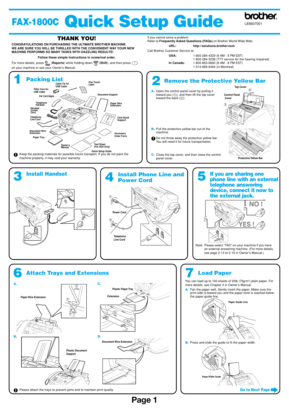 Quick setup guide, Fax-1800c, Page 1 | Packing list, Remove the protective yellow bar, Attach trays and extensions, Load paper, Install phone line and power cord, Install handset | Brother IntelliFAX 1800C User Manual | Page 2 / 4