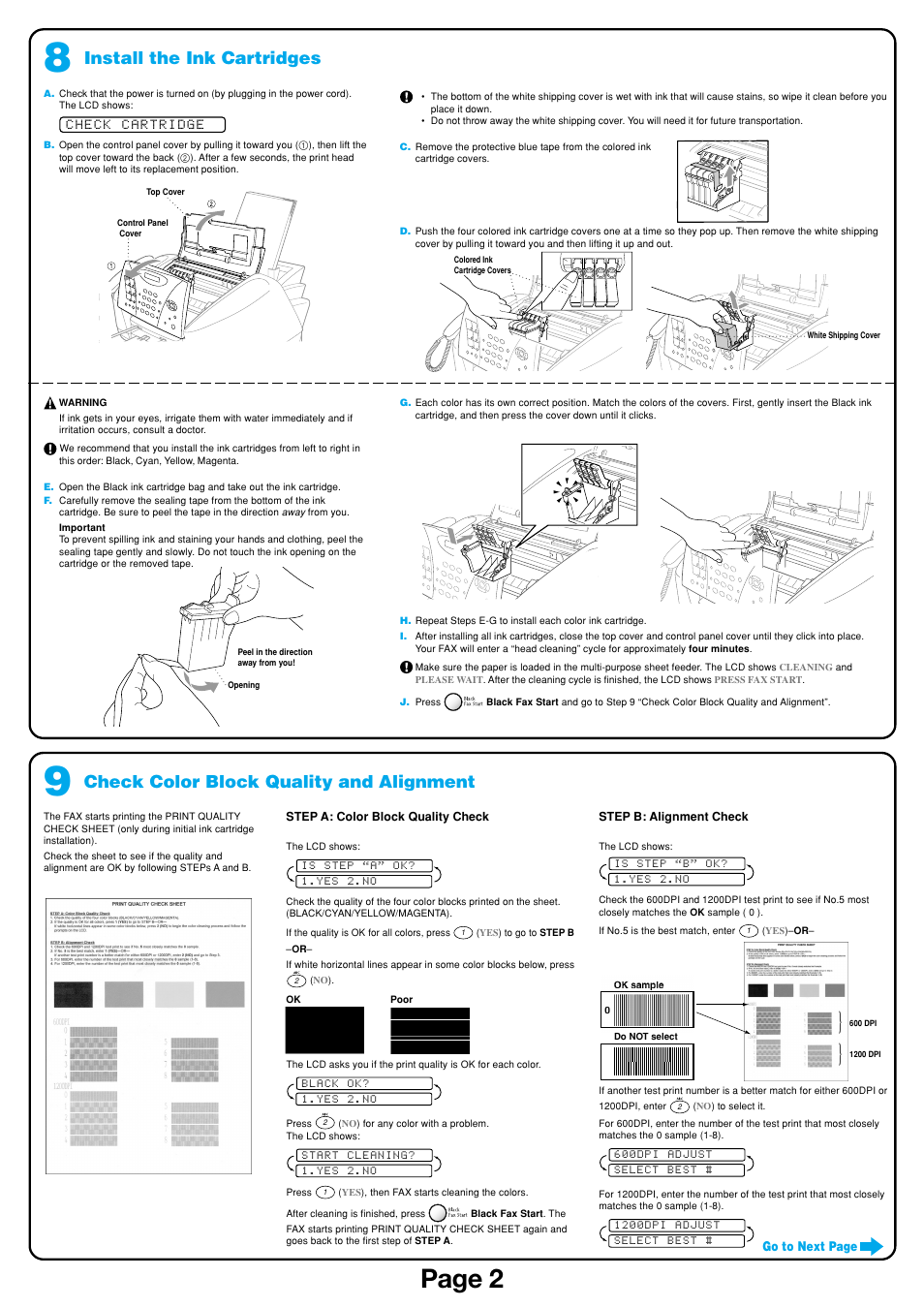 Page 2, Check color block quality and alignment, Install the ink cartridges | Brother IntelliFAX 1800C User Manual | Page 3 / 4