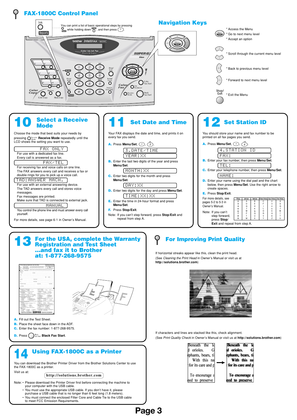 Page 3, Fax-1800c control panel, Navigation keys | Select a receive mode, Set date and time, Set station id, Using fax-1800c as a printer | Brother IntelliFAX 1800C User Manual | Page 4 / 4